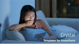  Presentation with mobile use - Beautiful slide deck featuring woman-feel-tired-and-use backdrop and a ocean colored foreground