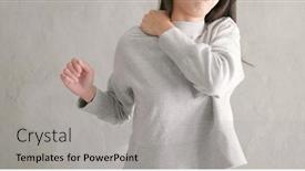  Presentation with shoulder pain - Audience pleasing theme consisting of woman feeling pain on shoulder over gray background backdrop and a light gray colored foreground