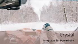  Presentation with forest winter - Slide deck enhanced with woman feet in warm woolen socks on car dashboard over snow view having weekend trip in winter forest freedom travel concept background and a coral colored foreground