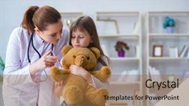  Presentation with female doctor - Slides enhanced with woman female doctor examining little background and a coral colored foreground