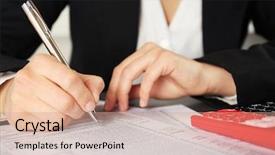  Presentation with tax income - Colorful presentation theme enhanced with woman filling individual income tax backdrop and a coral colored foreground