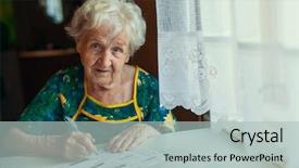  Presentation with utility - PPT theme consisting of woman fills out utility bill background and a mint green colored foreground