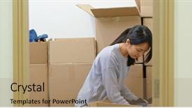  Presentation with find - Amazing PPT layouts having woman find something inside cardboard backdrop and a coral colored foreground