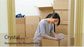  Presentation with find - Slide set featuring woman find something inside background and a coral colored foreground