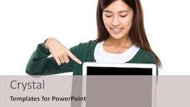 Presentation with laptop blank screen - Theme consisting of woman finger point to blank screen of laptop computer background and a light gray colored foreground