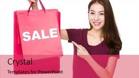  Presentation with finger point - Slide set featuring woman finger point to shopping bag and showing a word sale background and a red colored foreground