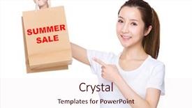  Presentation with finger point - Beautiful slide deck featuring woman finger point to shopping bag and showing phrase of summer sale backdrop and a sky blue colored foreground
