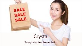  Presentation with finger point - PPT theme enhanced with woman finger point to shopping bag and showing three words of sale background and a sky blue colored foreground