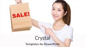  Presentation with finger point - PPT theme with woman finger point to shopping bag and showing a word of sale background and a sky blue colored foreground