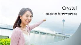  Presentation with tower - Cool new slide deck with woman finger pointing to the macao tower backdrop and a cool aqua colored foreground