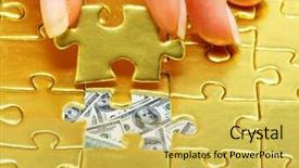  Presentation with gold - Presentation theme enhanced with woman fingers holdings gold puzzle background and a yellow colored foreground