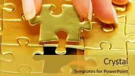  Presentation with gold - PPT layouts featuring woman fingers holdings gold puzzle background and a yellow colored foreground