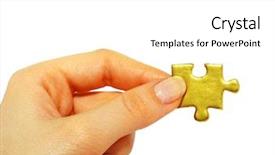  Presentation with puzzle - Cool new presentation theme with woman fingers holdings gold puzzle backdrop and a white colored foreground