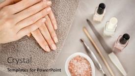  Presentation with fingers - Presentation design featuring woman-fingers-with-beautiful-nails background and a coral colored foreground