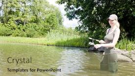  Presentation with pond - Presentation theme with woman fishing in pond background and a mint green colored foreground