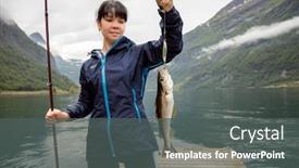  Presentation with rivers - Audience pleasing presentation theme consisting of woman-fishing-on-fishing-rod backdrop and a dark gray colored foreground