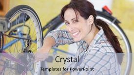  Presentation with gear - Cool new PPT theme with woman fixing a gear on bicycle backdrop and a light blue colored foreground