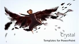  Presentation with dance - PPT theme having woman floating in a dance on dark wings collage background and a sky blue colored foreground