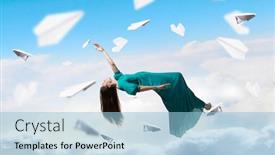  Presentation with floating - PPT layouts enhanced with woman floating in sky background and a light blue colored foreground