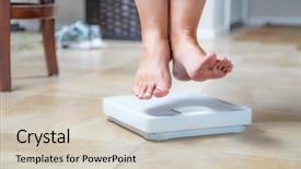  Presentation with weighing scale - Slide set featuring woman floating slightly above sruface background and a soft green colored foreground