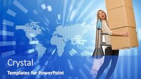  Presentation with drone technology delivery flying - Amazing presentation design having woman flying jetpack and delivering boxes globally backdrop and a cobalt blue colored foreground