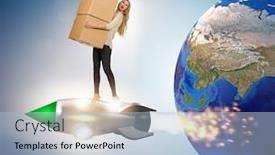  Presentation with drone technology delivery flying - Amazing PPT theme having woman-flying-jetpack-and-delivering backdrop and a light blue colored foreground