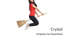  Presentation with shot - PPT theme consisting of woman flying on a broom background and a white colored foreground