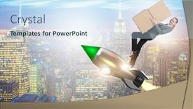  Presentation with rocket - PPT theme with woman-flying-rocket-and-delivering background and a sky blue colored foreground