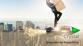  Presentation with rocket - Cool new PPT theme with woman-flying-rocket-and-delivering backdrop and a coral colored foreground