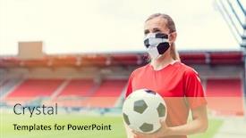  Presentation with football stadium - Cool new PPT layouts with woman-football-player-wearing-face backdrop and a soft green colored foreground