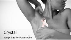  Presentation with breast cancer awareness - PPT theme with shirtless woman for breast cancer awareness with ribbon on white background background and a light gray colored foreground