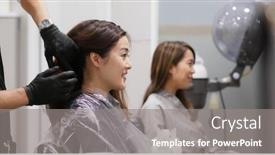  Presentation with hair salon - Audience pleasing PPT layouts consisting of woman friends go hair salon together chatting at salon backdrop and a gray colored foreground