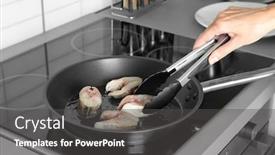  Presentation with steaks - Theme with woman frying fish steaks on pan in kitchen background and a dark gray colored foreground