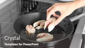  Presentation with steaks - Audience pleasing slide set consisting of woman frying fish steaks on pan in kitchen backdrop and a dark gray colored foreground