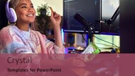  Presentation with potato chips - Slide deck having woman-gaming-at-home-eating background and a violet colored foreground