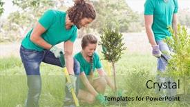  Presentation with community day - Slide set enhanced with tree communties - young woman gardening background and a mint green colored foreground