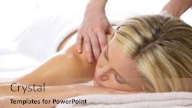  Presentation with day spa - Colorful presentation theme enhanced with woman gets a massage at a day spa backdrop and a coral colored foreground