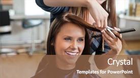  Presentation with haircut - Colorful slide deck enhanced with woman getting a new hair backdrop and a coral colored foreground