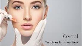  Presentation with injection plastic - Colorful PPT theme enhanced with woman-getting-cosmetic-injection backdrop and a light gray colored foreground