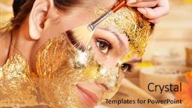  Presentation with hero mask woman - PPT theme enhanced with woman getting gold facial mask background and a yellow colored foreground