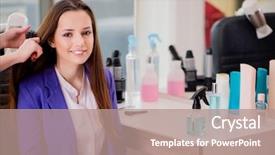  Presentation with beauty shop - Cool new PPT theme with woman getting her hair done in beauty shop backdrop and a coral colored foreground