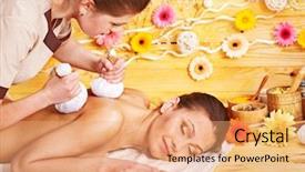  Presentation with hero mask woman - Audience pleasing presentation design consisting of woman getting herbal ball massage backdrop and a coral colored foreground