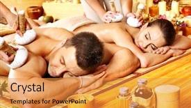  Presentation with hero man and women - Presentation theme having woman getting herbal ball massage background and a gold colored foreground