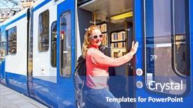 Presentation with tram - Slides with woman getting on the tram background and a ocean colored foreground