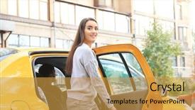  Presentation with taxi - Amazing theme having woman getting out of taxi backdrop and a gold colored foreground