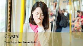  Presentation with train - Cool new PPT theme with woman getting sick in train backdrop and a  colored foreground