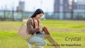  Presentation with give - Slide deck featuring woman-give-her-dog-snack background and a yellow colored foreground