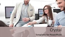  Presentation with financial report - Cool new presentation design with woman gives the chief financial backdrop and a light gray colored foreground