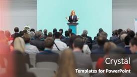  Presentation with giving - Presentation design having woman-giving-a-speech background and a tawny brown colored foreground