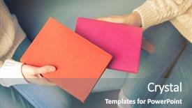  Presentation with blank note book and wooden - Cool new slide deck with woman giving book to woman backdrop and a  colored foreground